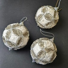 Set 3 Ivory Silver Beaded Christmas Ornaments Elegant Satin Fabric Holiday Balls