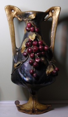 Teplitz Amphora vase in EDDA design with Cherries and Leaves ca 1900