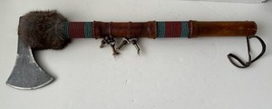 Native American Beaded Tomahawk Fur Bone Brass Rawhide Embellished 20.5”x 6.5”