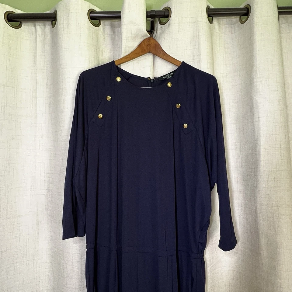 Lauren Ralph Lauren Navy Blue Adestie Jumpsuit Plus 2X Gold Button Wide Leg - Image 2 of 4