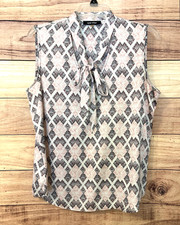 Nine West Size L Pink/Brown Geo Career Blouse Tie Neck Sleeveless Tunic Top