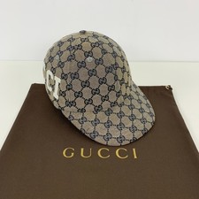 Gucci GG Monogram Patch Logo Cotton Canvas Baseball Cap Hat Beige Navy Size M
