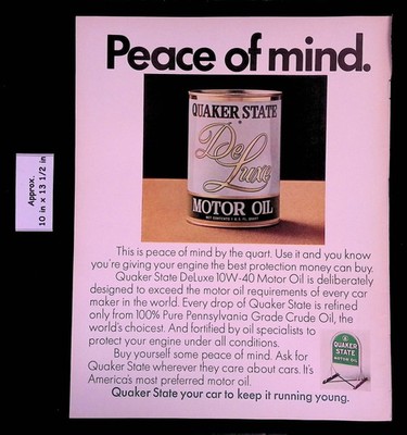 1971 QUAKER STATE De Luxe MOTOR OIL 10W-40 Peace Of Mind By Quart Print Ad 55744