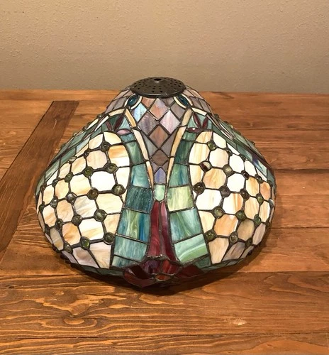 Vintage Tiffany Style Stained Glass Lamp Light Shade 14.5” Wide Bell Shape
