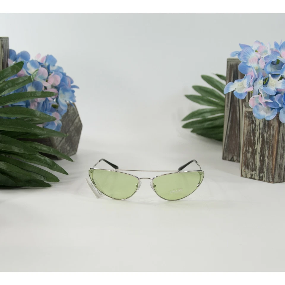 Prada 62VS66 Silver Pale Green Polarized Metal Aviator Logo Sunglasses NWT Case - Image 2 of 4
