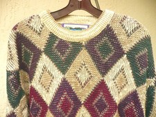 MEN VTG USA MADE SHENANDOAH M L ARGYLE IVORY BROWN RED COTTON HEAVY KNIT SWEATER