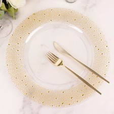 6 Clear 13" Round Plastic CHARGER PLATES Gold Pearl Beaded Trim Party Events