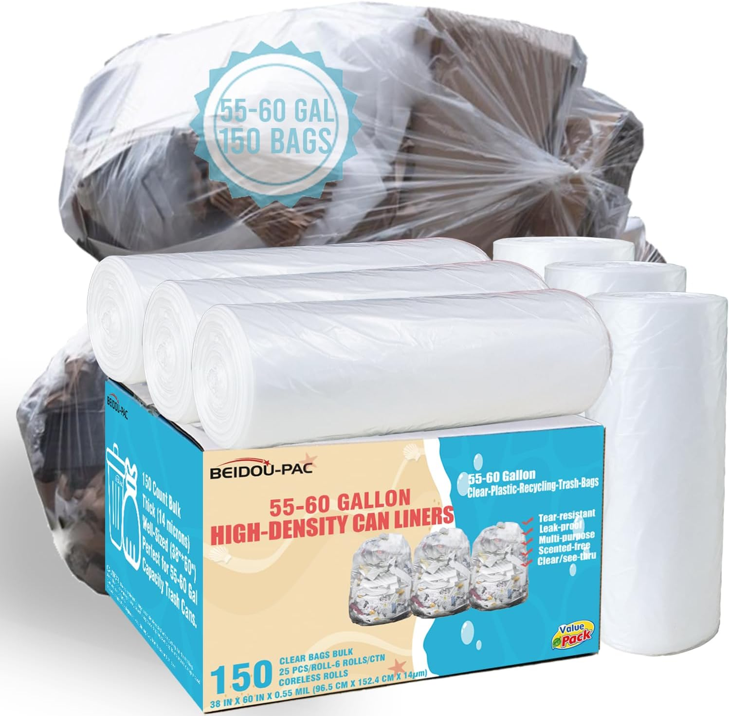 55-60 Gallon Trash Bags, 150 Count Bulk, Heavy Duty Clear Plastic Recycling Garb