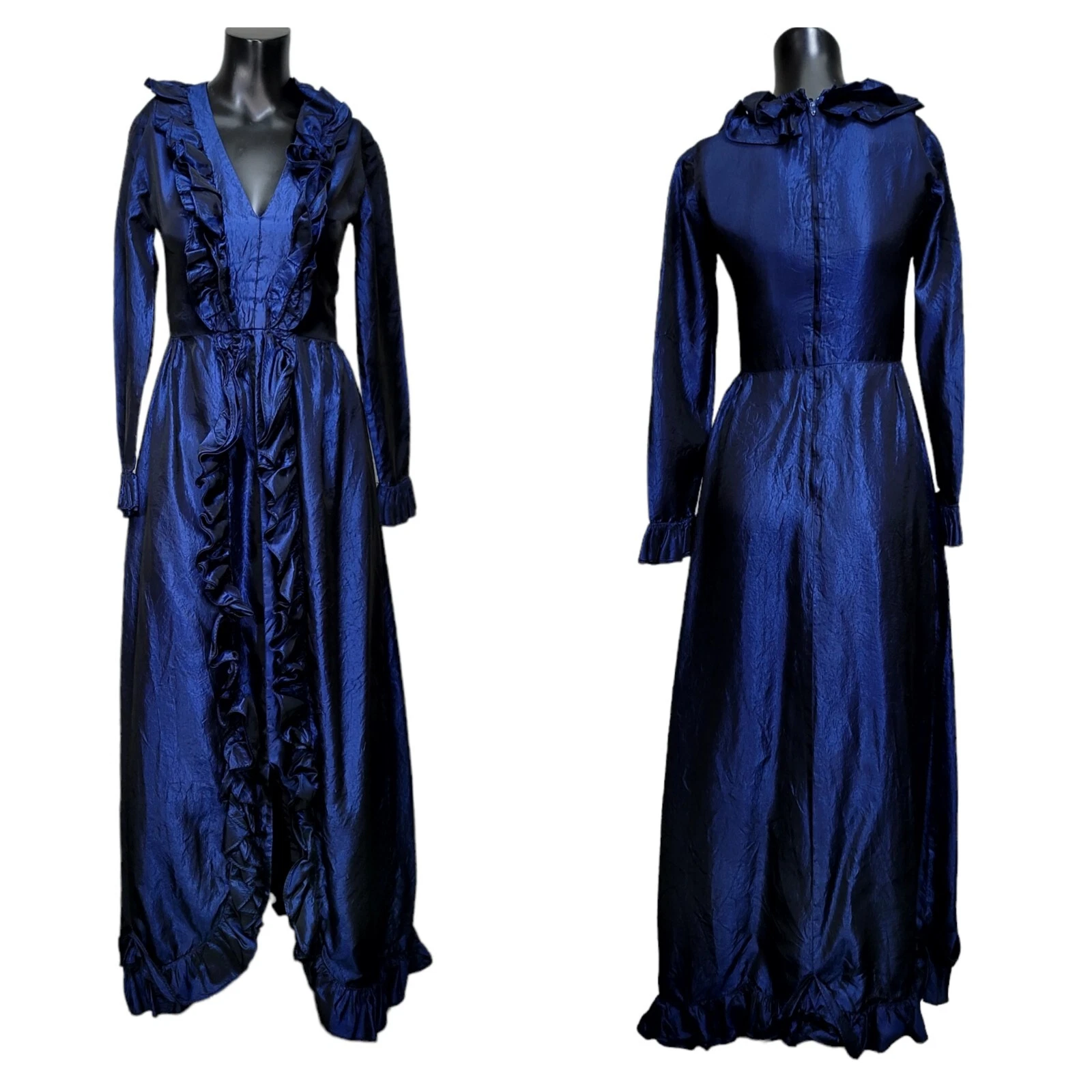 Vintage 70s Dan Leslie Womens S Midnight Blue Crushed Taffeta Ruffles Maxi Gown