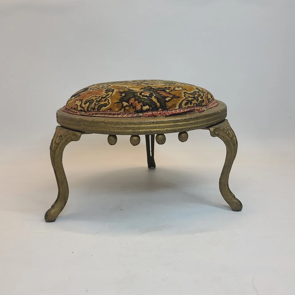Antique Cast Iron & Wood 3 Foot Stool Georgian Upholstered WJ Chaplin Tapestry - Image 2 of 4