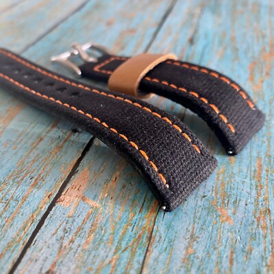 20mm BLACK Canvas/Leather NYLON watch band Strap ORANGE Stitch | eBay