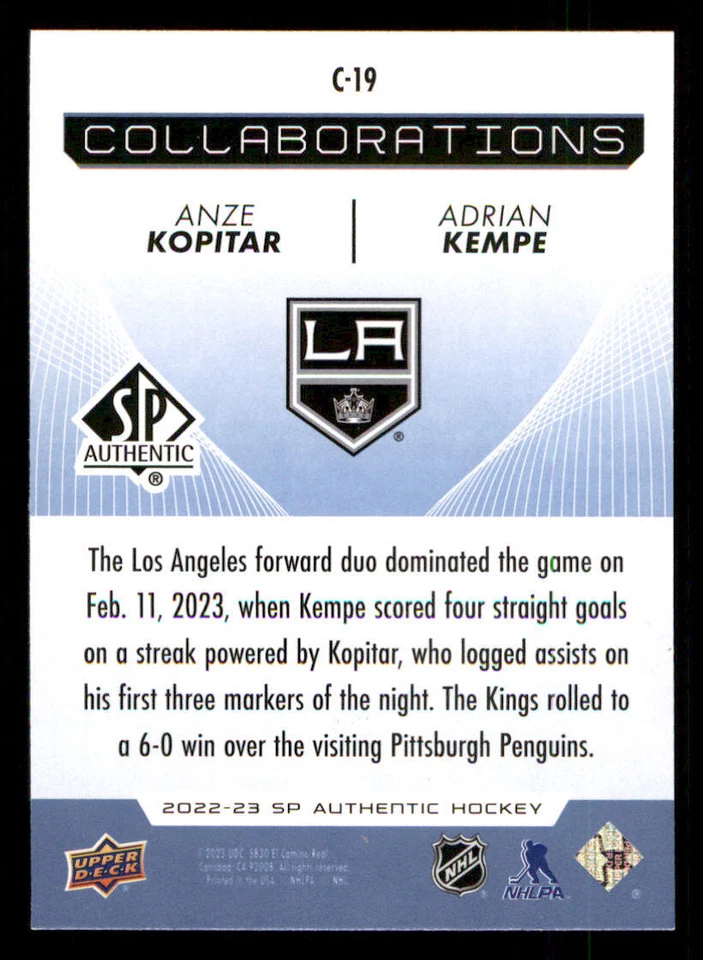 2022-23 SP Authentic Collaborations Blue #C19 Anze Kopitar/Adrian Kempe - Image 2 of 2