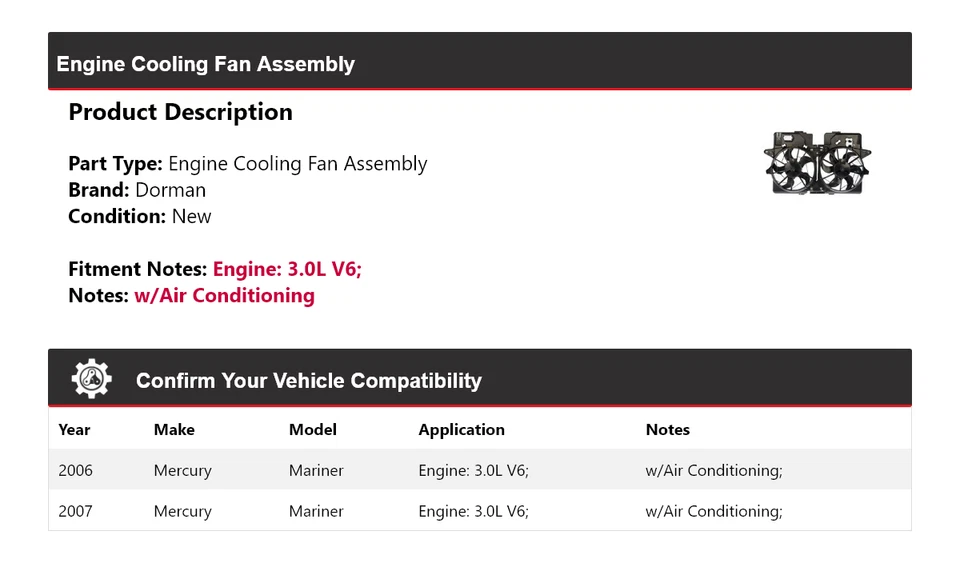 Conjunto de ventilador de refrigeración para motor Mercury Mariner 2006-2007 3,0 L V6 Dorman Foto 2 de 4