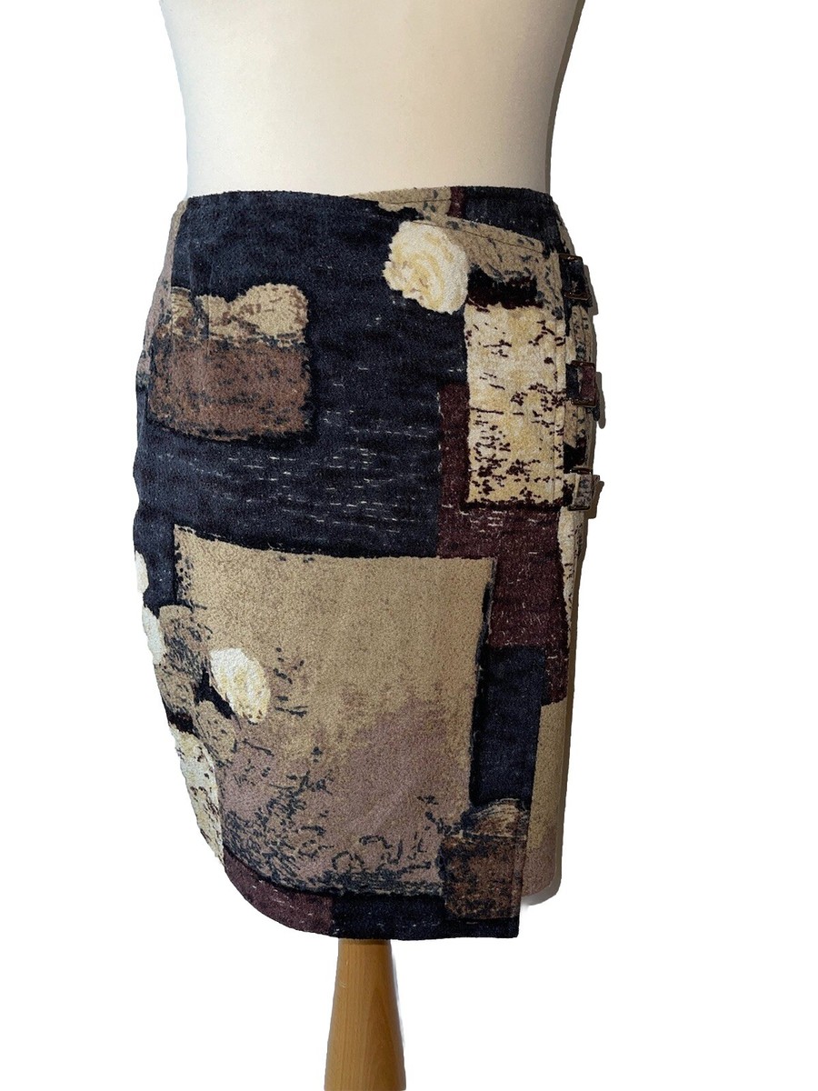 Vintage Kenzo Paris Skirt 38 Wool Brown Patch Pattern Crossover