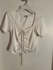 Women NWOT  Love, White  white, short sleeve cropped ruch top. Size Sm