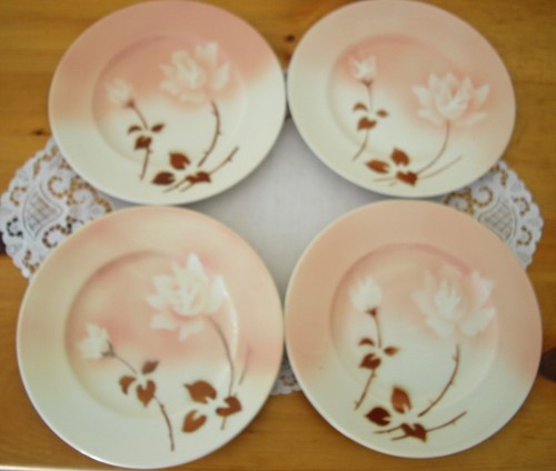 Vintage Syracuse China MADAM BUTTERFLY Lite Airbrush Old Ivory 8" Plates ~Setof4