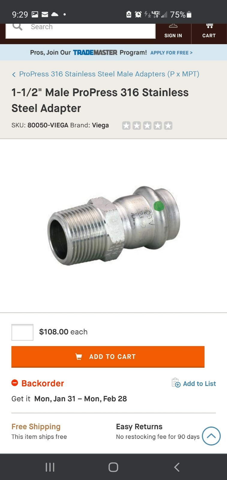 NEW Viega 80050 1-1/2" x 1 -1/2" P X MPT ProPress Male Stainless Steel  fitting