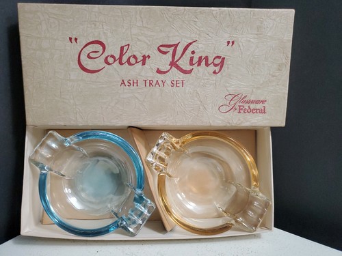 Vintage Federal Glassware COLOR KING Saphir Mandarine ASCHENBECHER Set Original Box
