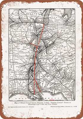 METAL SIGN - 1926 Illinois Central Panama Limited Route Map - Vintage Rusty Look