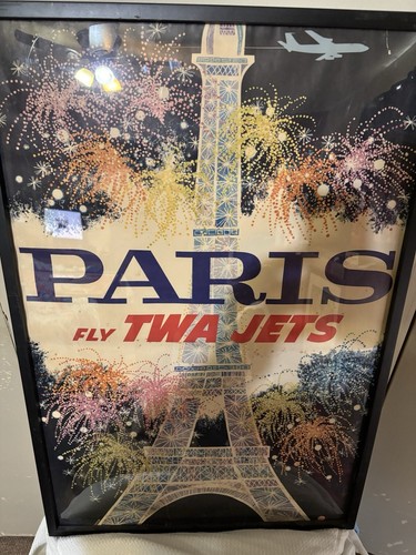 Original 60s Fly TWA Jets Paris Eiffel Tower David Klein Travel Ad Poster Framed