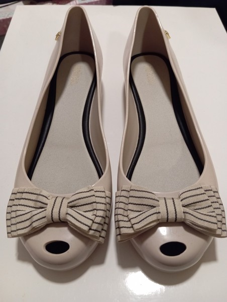 Melissa Beige/Cream Ballet Flats Striped Bow, AU 9 Slip-On Round Toe