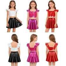Kids Girls Crop Top Flared A-Line Skirt Rave 2-Piece Cheerleading Dance Set