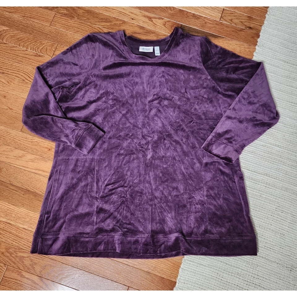 Denim & Co Conjunto de Traje de Pista de Terciopelo XL Púrpura Pullover Top Pantalones de Salón Y2K Foto 2 de 4