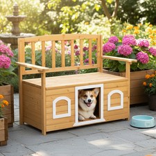 Garden Porch Wooden Dog Kennel w/ Storage Bench for Outdoor Backyard Balcony