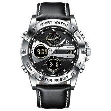 Men's Dual Display Analog Digital Watch Leather Strap Waterproof Student Sport