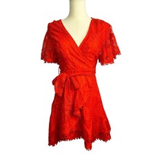 Saints and secrets Red Lace mini Wrap Dress small lined short sleeve belted