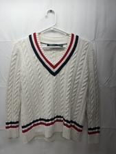 Lauren Ralph Lauren M Cricket Sweater Varsity VTG Cable Knit White Tennis PRL