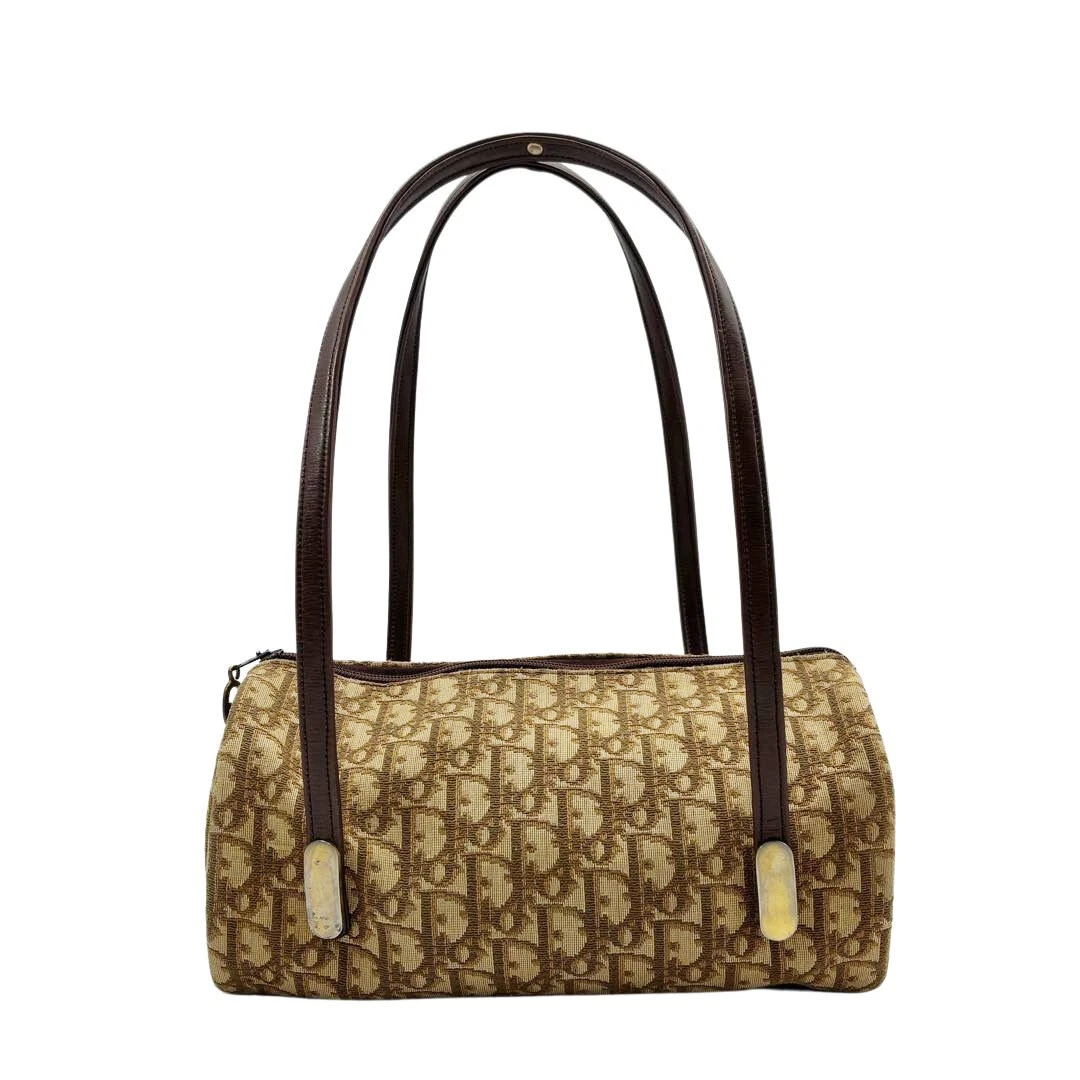 Sac à main Christian Dior vintage trotteur toile jacquard cuir kaki marron