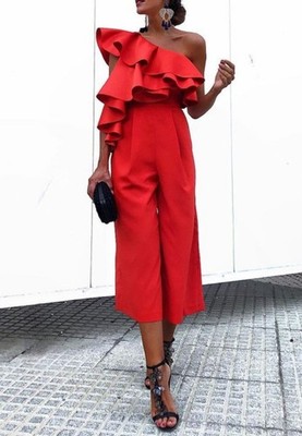 Stunning NWT ASOS Evening Ruffled One Shoulder Wide Leg Culottes Jumpsuit US 6