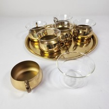 Schott Jenaer Glas Teegläser Set mit Messinghalter Tablett 6 Gläser Vintage