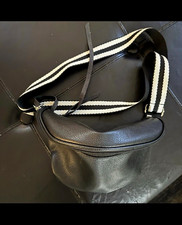 Black Faux Leather Waist Pack Belt Bag w/ Zip, Adjustable Black/White Strap