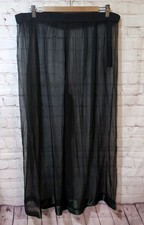Vintage Valentino Boutique Sheer Black Wide Leg Silk Pants Green Satin Trim 70s