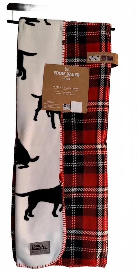 NEW Eddie Bauer Black Lab Christmas 50x70 Reversible Tartan Throw Free Ship - Image 2 of 4