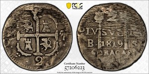 1819-BS VENEZUELA CARACAS 2 REAL PCGS GENUINE FINE DETAILS C-6.1 5.26g