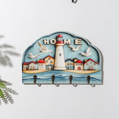 Wall Mounted Key Holder Wood Beach Lighthouse Seagull 4 Hooks Organizer