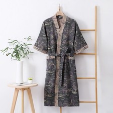 Women's Dark Scenic Print Japanese Kimono Robe with Belt & Contrast Trim Details
