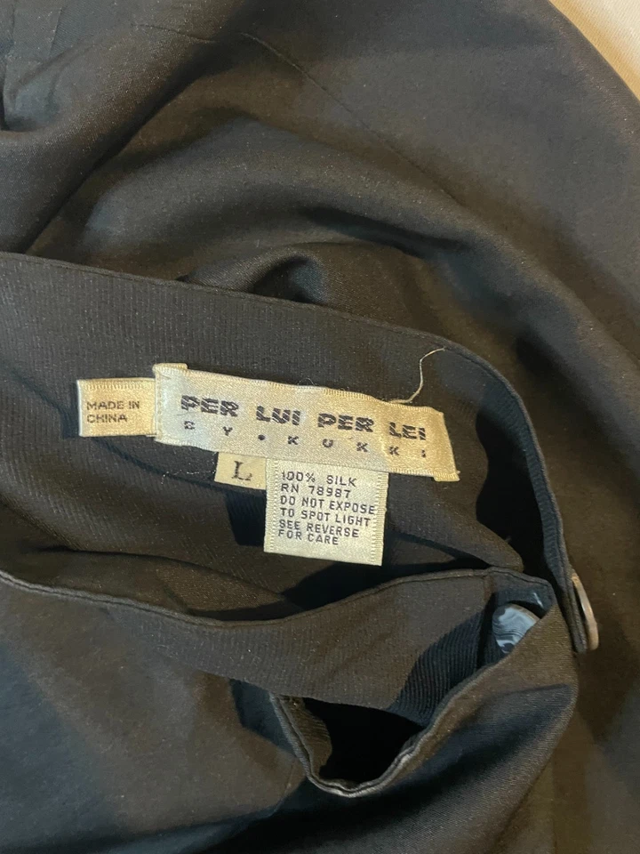 Vintage PER LUI PER LEI Wrap Skirt Large Black 100% Silk Midi A-Line Casual - Image 4 of 4