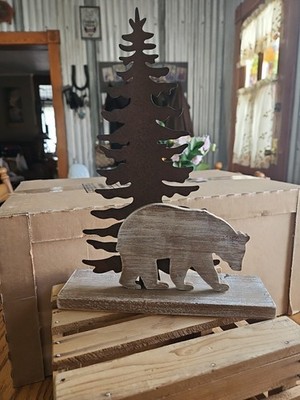 Wood Metal Bear Tree Sculpture HL Rustic Log Cabin Decor NEW Shelf Table Sign