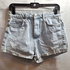 FOREVER 21 High Rise Distressed Denim Shorts Sz 26 Light Blue Wash Cuffed Hem