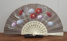 Vintage Hand Painted Spanish Folding Fan 16.5" Made In Spain Floral Pattern