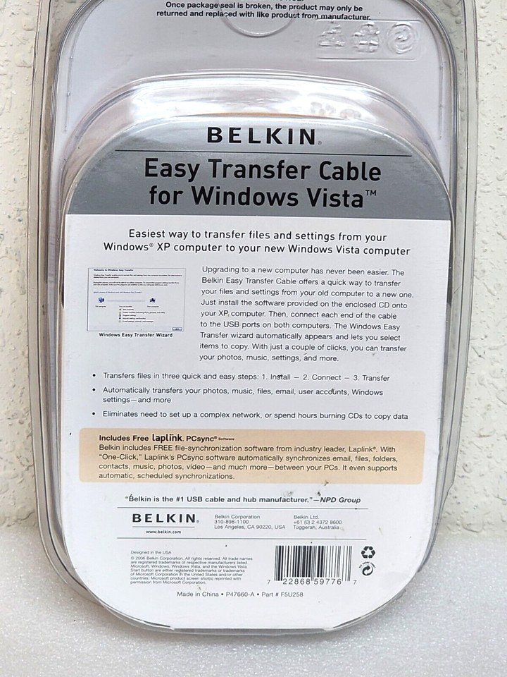 Belkin Easy Transfer Cable For Windows Vista 722868597767 Part Number
