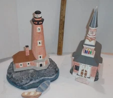 Vintage Byron Molds Hand Painted Lighthouse and church Ceramic