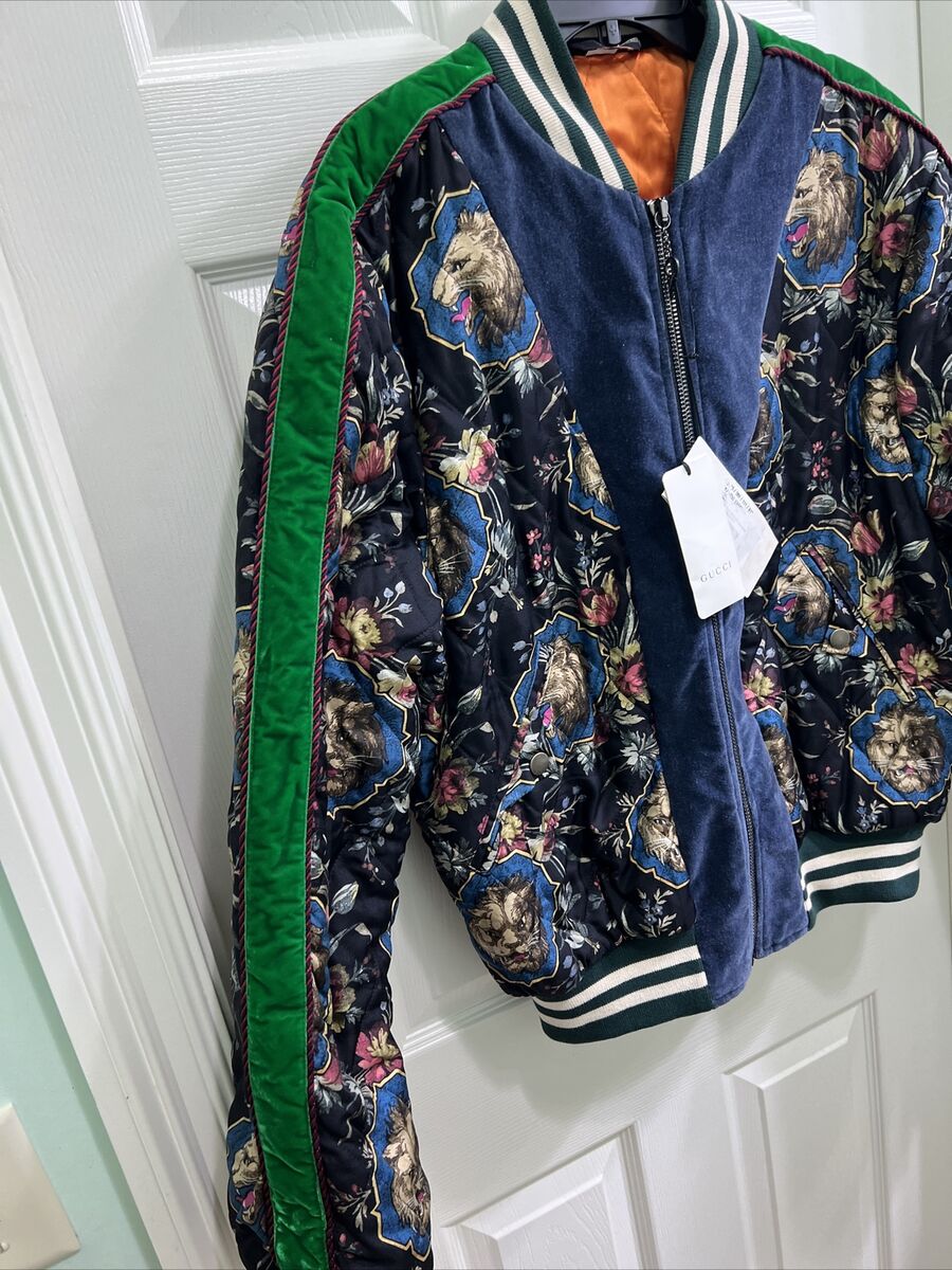 GUCCI Auth Mens Grotesque Lion Garden Print Silk Bomber GUCCI Auth Mens Grotesque Lion Garden Print Silk Bomber
