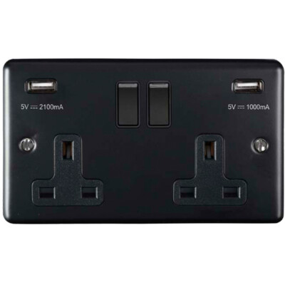 2 Gang Single UK Stecker Buchse & Dual 2,1A USB matt schwarz & schwarz 13A geschaltet