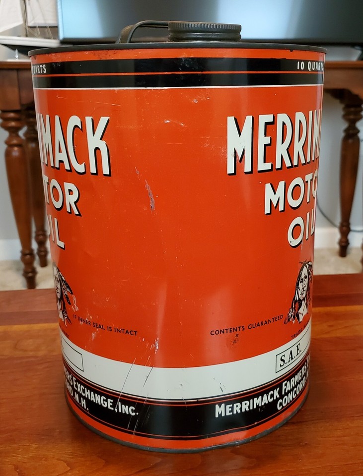RARE Merrimack Motor Oil Can 10 Quart Steel Container Indian Chief