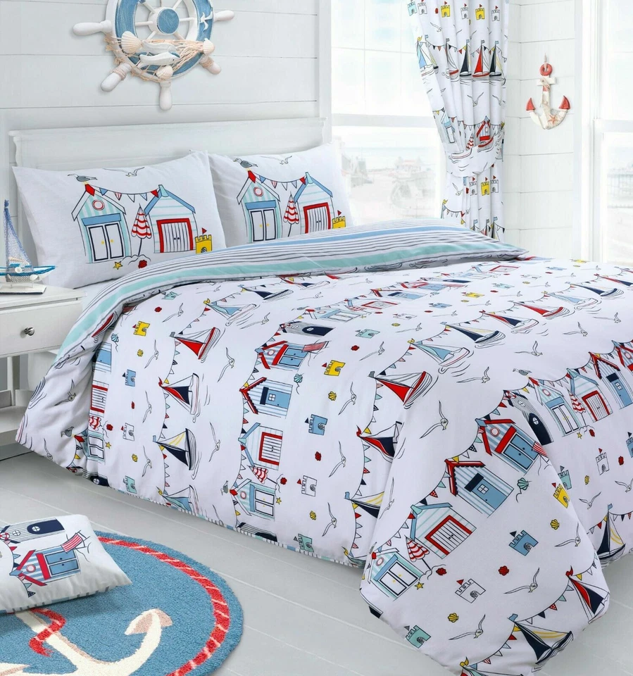 Kids Bedding Set Seaside Boat Anchor Beach Hut Nautical Reversible Bedding Set